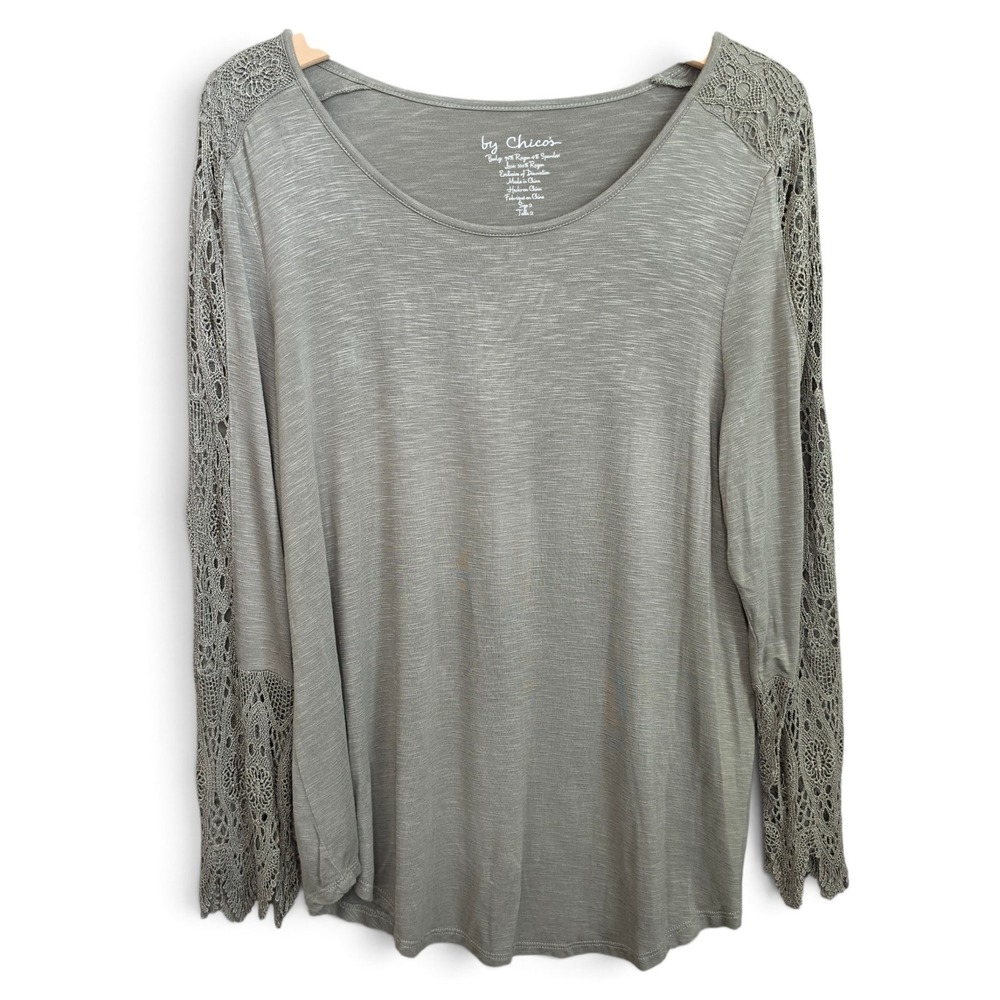 Chicos Top Womens Size 2 Large Olive Green Slub Knit Lace Sleeve Scoop Neck